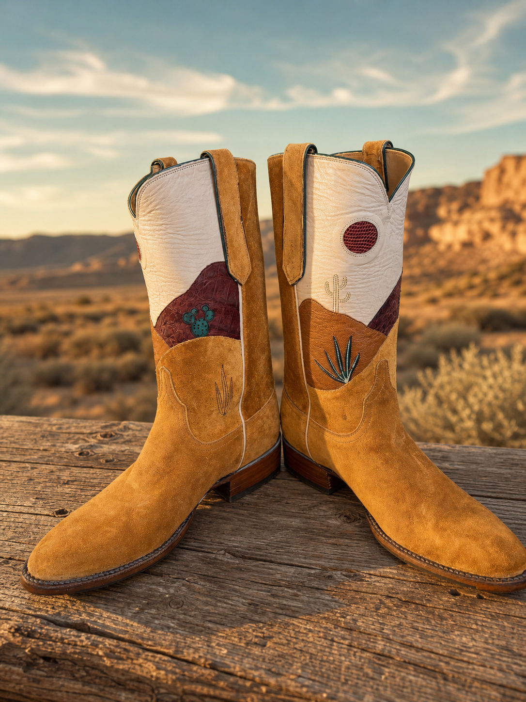 Lucchese limited edition collaboration cowboy boots with desert landscape